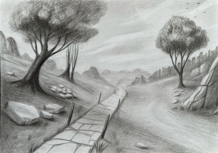 Zeichnungen mit dem Titel "Nature, path" von Vitaly.Arts, Original-Kunstwerk, Graphit