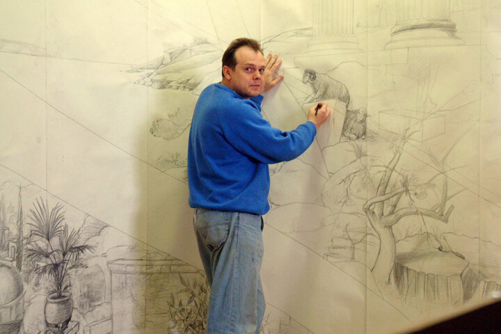 Drawing titled "Wall Mural" by Vitaly Moiseev, Original Artwork, Pencil