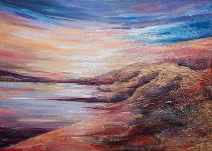 Painting titled ""Golden Mountains"" by Vitaly Moiseev, Original Artwork, Acrylic Mounted on Wood Stretcher frame