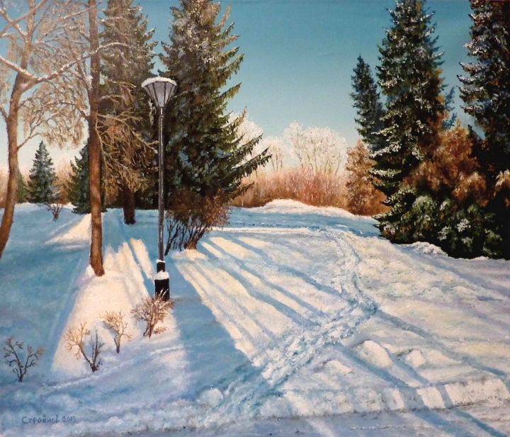 Pittura intitolato "In a snow-covered P…" da Vitaly Stroynov, Opera d'arte originale, Olio
