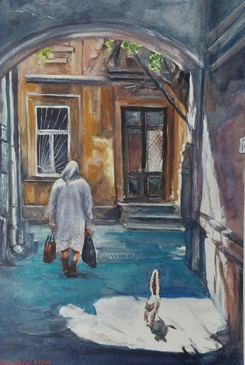 Schilderij getiteld "For the Good Cat in…" door Vitalii Gatsutsyn (Ialpachek Levi), Origineel Kunstwerk, Aquarel