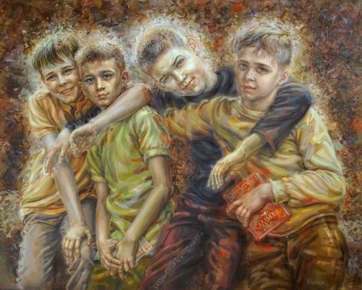 Peinture intitulée "Мальчишки" par Viteckaja, Œuvre d'art originale, Huile