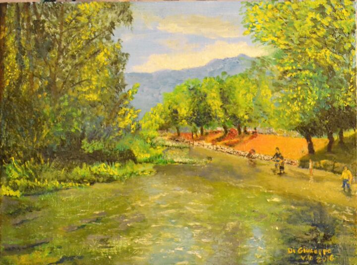 Painting titled "Pesca sul fiume" by Vito Di Giuseppe, Original Artwork, Oil