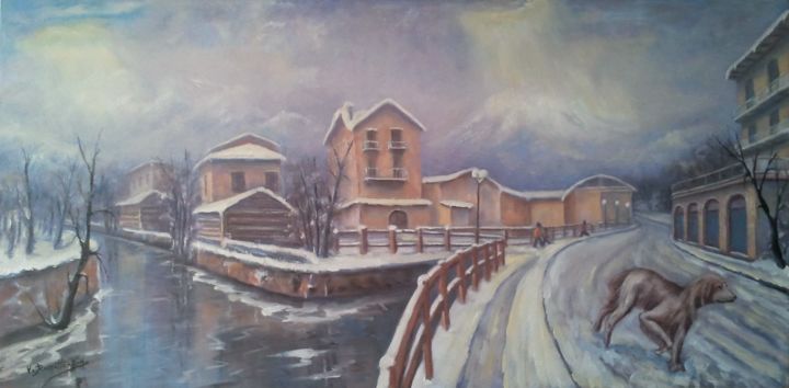 Pittura intitolato "Nevicata a Ponte di…" da V.Russotto, Opera d'arte originale, Olio
