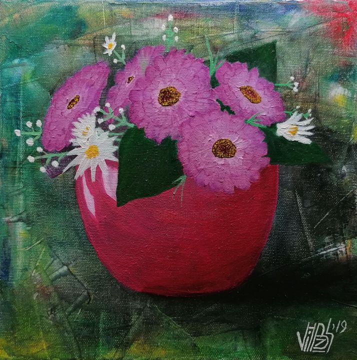 Painting titled "Flowers in Vase" by Vito Bzhitskiy, Original Artwork, Oil