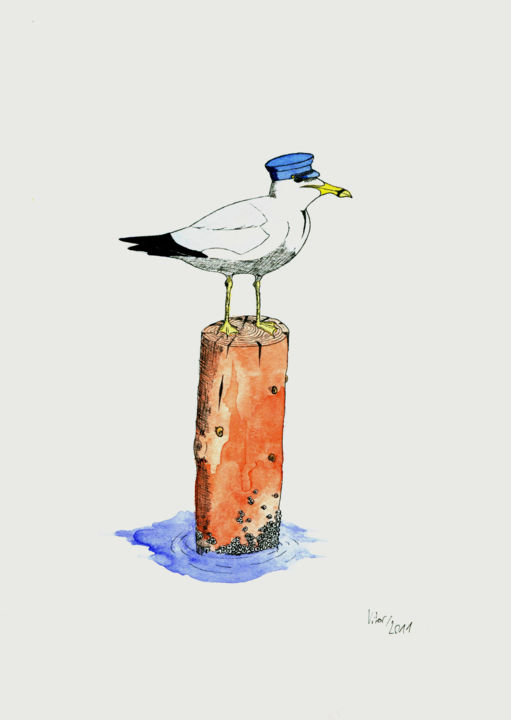 Painting titled "Captain Seagull" by Vitor In_berlin, Original Artwork, Watercolor