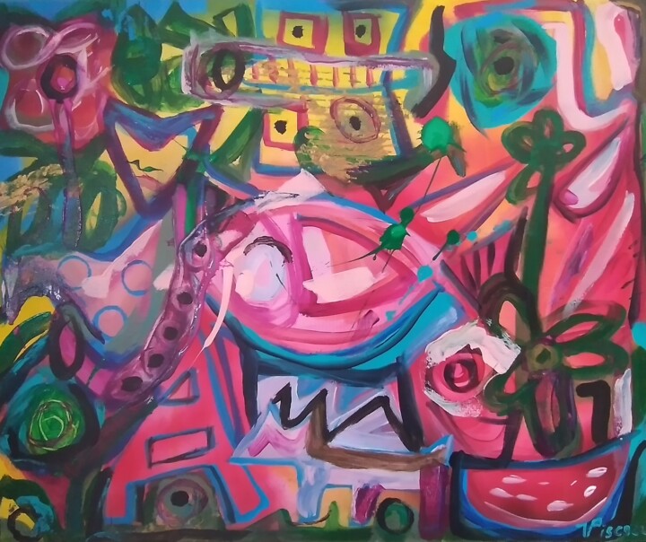 Картина под названием "Gato com peixe, flo…" - Vitor Pisco, Подлинное произведение искусства, Акрил