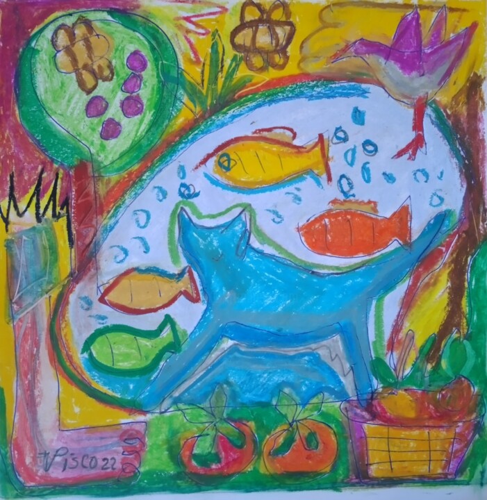 Painting titled "Gato no lago" by Vitor Pisco, Original Artwork, Pastel