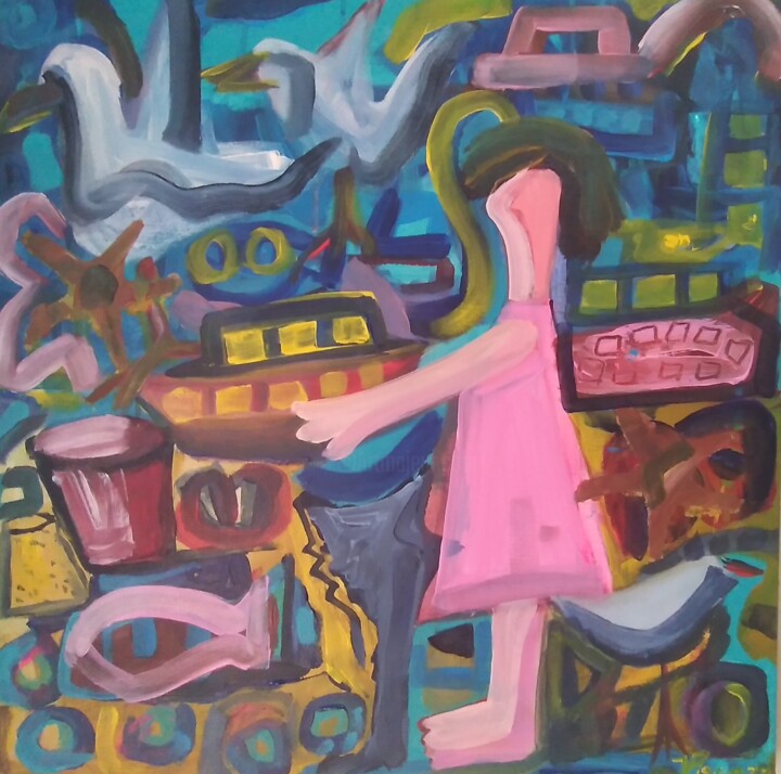 Peinture intitulée "Menina na praia" par Vitor Pisco, Œuvre d'art originale, Acrylique