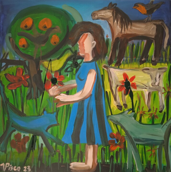 Pintura intitulada "Menina colhendo flo…" por Vitor Pisco, Obras de arte originais, Acrílico