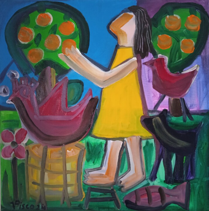 Painting titled "Menina colhendo tan…" by Vitor Pisco, Original Artwork, Acrylic