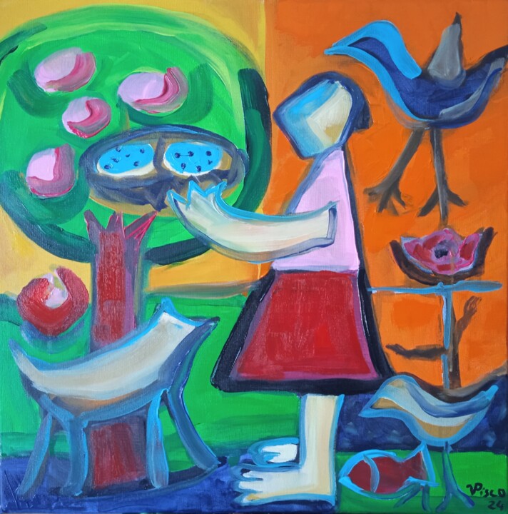 Painting titled "Menina descobre o n…" by Vitor Pisco, Original Artwork, Acrylic