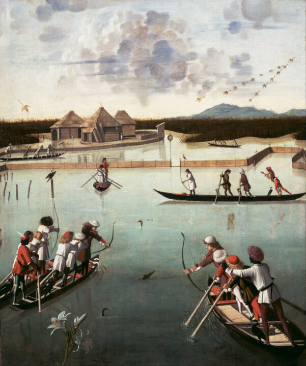 Painting titled "Chasse sur la lagune" by Vittore Carpaccio, Original Artwork, Oil