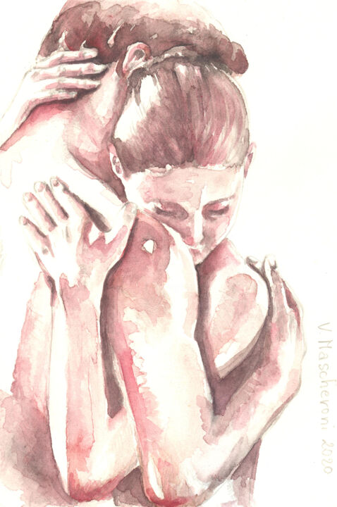 Painting titled "ABBRACCIO 1 / HUG 1" by Vittoriana Mascheroni, Original Artwork, Watercolor