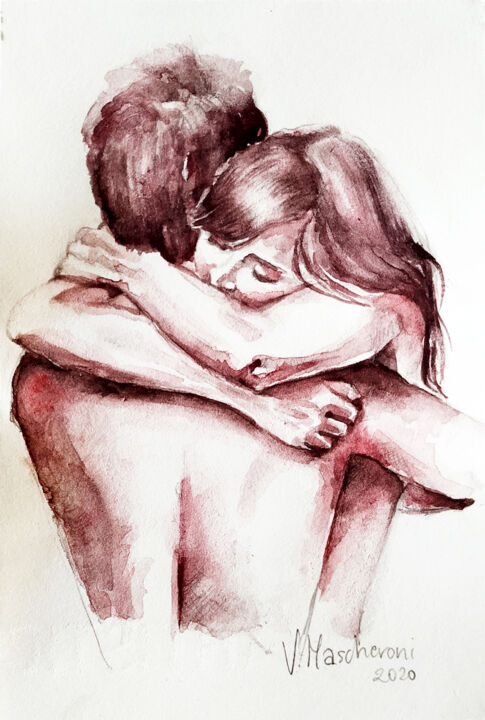 Painting titled "ABBRACCIO 2 / HUG 2" by Vittoriana Mascheroni, Original Artwork, Watercolor