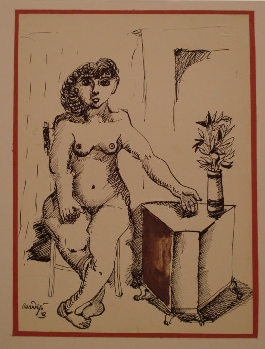 Disegno intitolato "Nudo femminile, 1983" da Vittorio Paradisi, Opera d'arte originale, Inchiostro