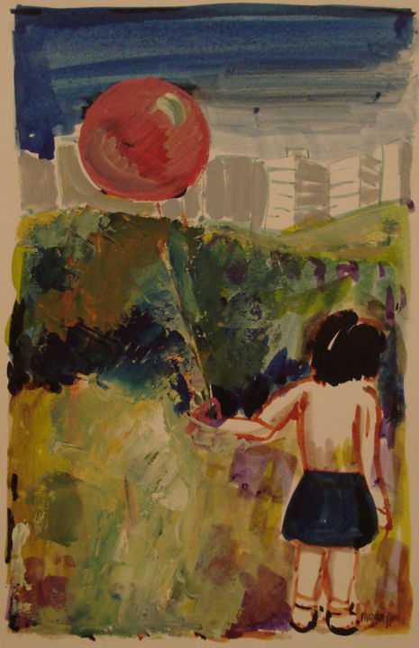 Peinture intitulée "Bambina con pallone…" par Vittorio Paradisi, Œuvre d'art originale, Aquarelle