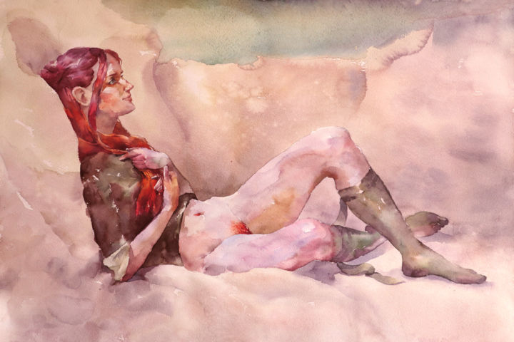 Pintura intitulada "Red Hair" por Vitya Zakharchenko, Obras de arte originais, Aquarela