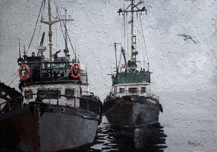 Pintura titulada "Ships at the ocean…" por Alex Ziev, Obra de arte original, Acrílico