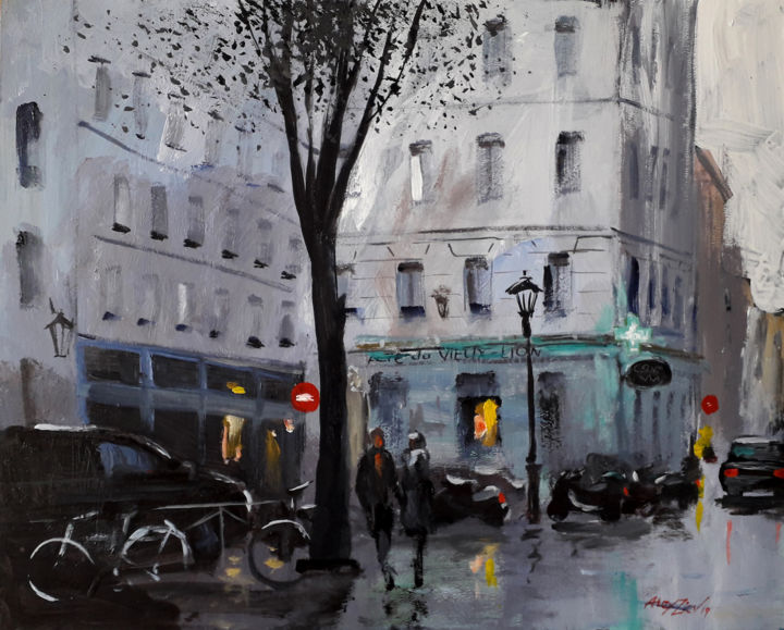 Painting titled "Rain in the city |…" by Alex Ziev, Original Artwork, Acrylic