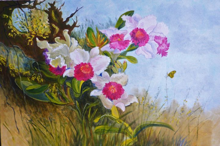 Painting titled "Orchidées sauvages…" by Viviane Farrugia, Original Artwork, Oil