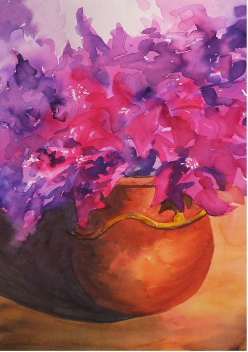 Peinture intitulée "bougainvilliers ros…" par Viviane Farrugia, Œuvre d'art originale, Aquarelle