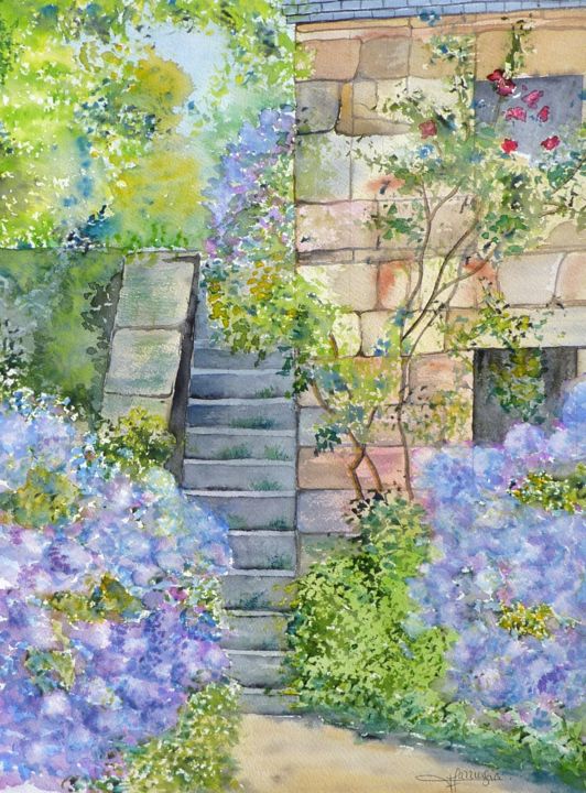 Malerei mit dem Titel "Descente au jardin" von Viviane Farrugia, Original-Kunstwerk, Aquarell