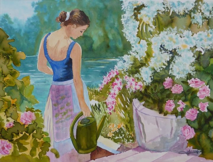 Peinture intitulée "DANS LE JARDIN" par Viviane Farrugia, Œuvre d'art originale, Aquarelle