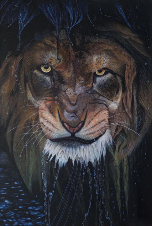 Painting titled "Lion" by Vívian Lima, Original Artwork, Oil Mounted on Wood Stretcher frame