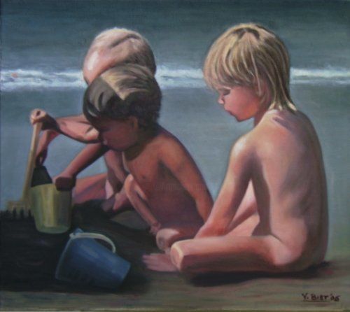 Painting titled "Children at the sea…" by Vivian Biet, Original Artwork, Oil