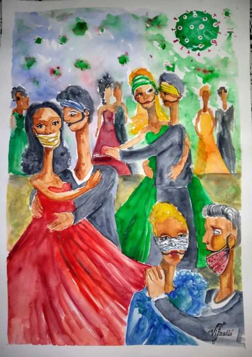 Painting titled ""Baile de máscaras…" by Vi Bacadisi, Original Artwork, Watercolor