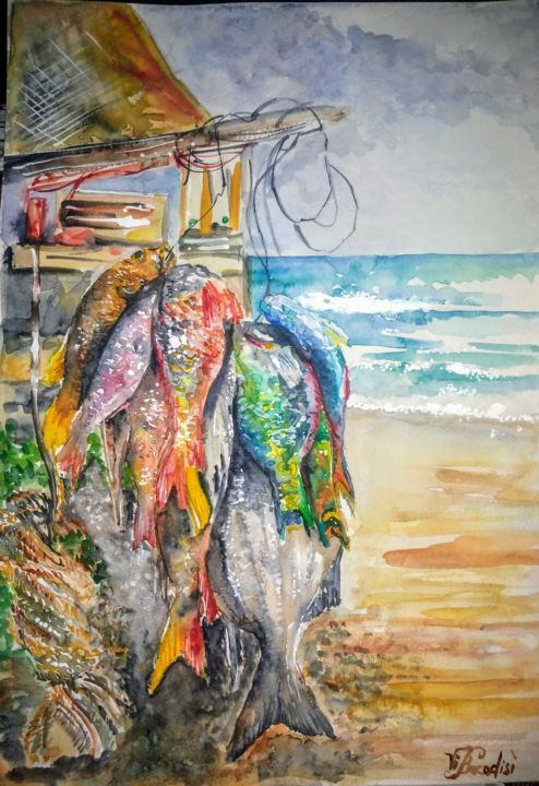 Pintura intitulada ""A pescaria"" por Vi Bacadisi, Obras de arte originais, Aquarela
