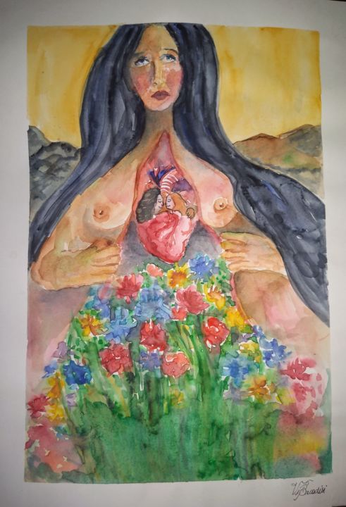 Pintura intitulada ""O Jardim interno "" por Vi Bacadisi, Obras de arte originais, Aquarela