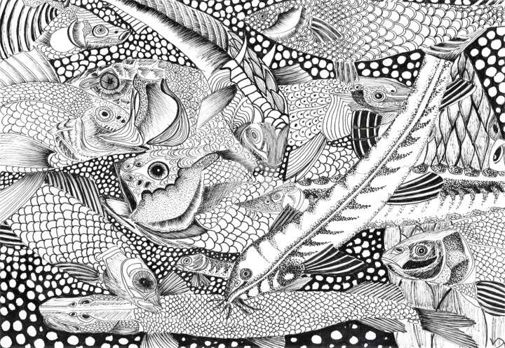 Dessin intitulée "Les poissons" par Viviane Thelen, Œuvre d'art originale, Encre