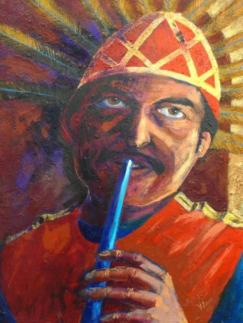 Malerei mit dem Titel "Toltec flautista" von Viviano, Original-Kunstwerk, Öl