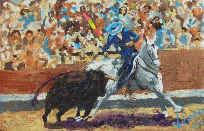 Painting titled "A bull charging the…" by Viviano, Original Artwork, Oil