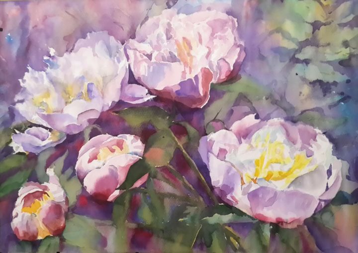 Painting titled "peonies-50-35.jpg" by Yuriy Pashkov, Original Artwork, Watercolor