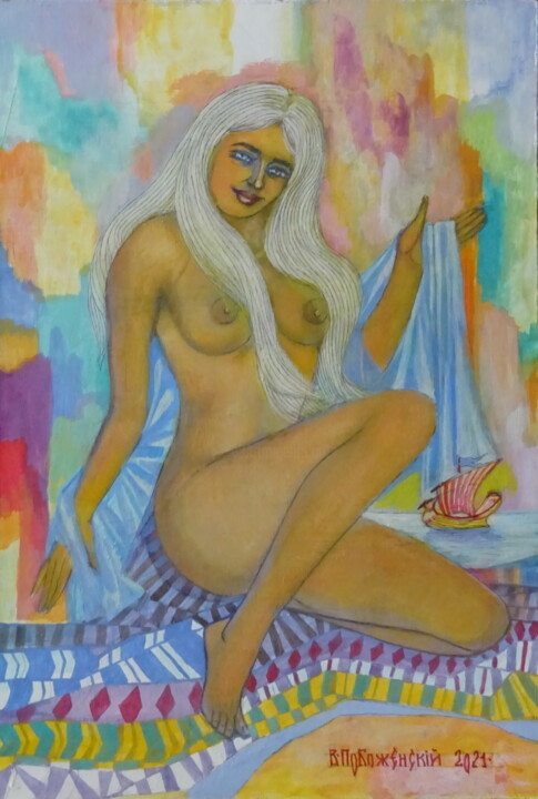 Картина под названием "Купальщица и корабль" - Вячеслав Побоженский, Подлинное произведение искусства, Акрил