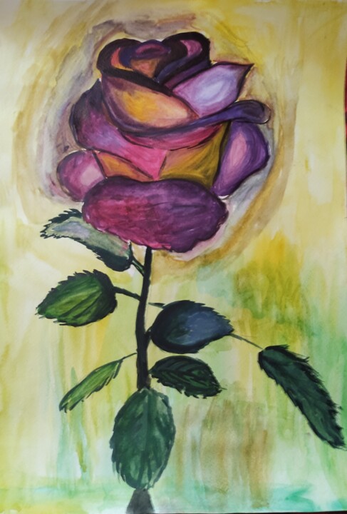 Картина под названием "Роза, на листе 30х4…" - Vkavtor, Подлинное произведение искусства, Акрил