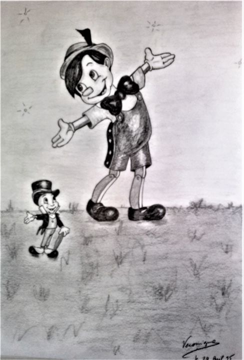 "Pinocchio et Jiminy…" başlıklı Resim Véronique Lachenal tarafından, Orijinal sanat, Kalem