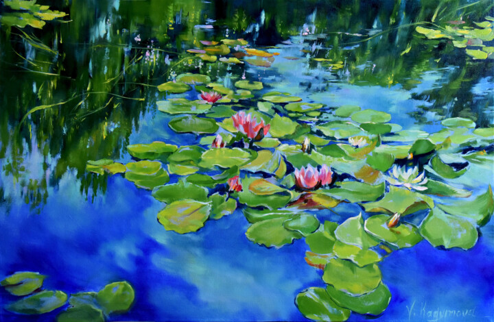 Painting titled "The flowered pond" by Vlada Kadymova, Original Artwork, Oil Mounted on Wood Stretcher frame
