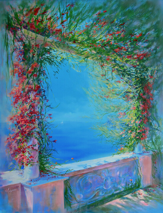 Картина под названием "Summer Terrace" - Vlada Kadymova, Подлинное произведение искусства, Масло Установлен на Деревянная ра…
