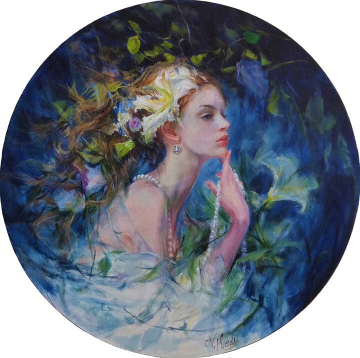 Painting titled "Girl with a pearl n…" by Vlada Kadymova, Original Artwork, Acrylic Mounted on Wood Stretcher frame