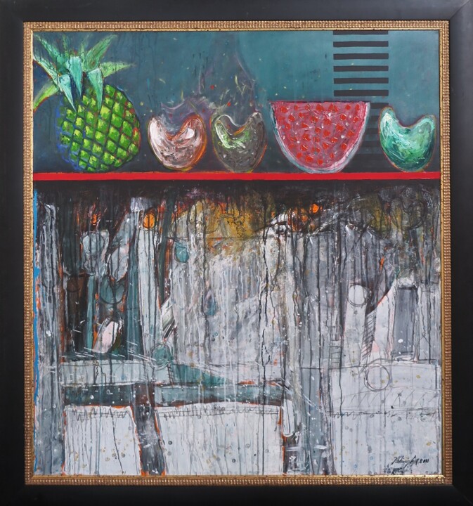 Schilderij getiteld "Bodegon with fruit" door Vladimir Cora, Origineel Kunstwerk, Acryl Gemonteerd op Frame voor houten bran…