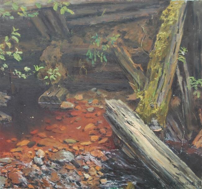 Painting titled "Под мостом." by Vladimir Kopylov, Original Artwork, Oil