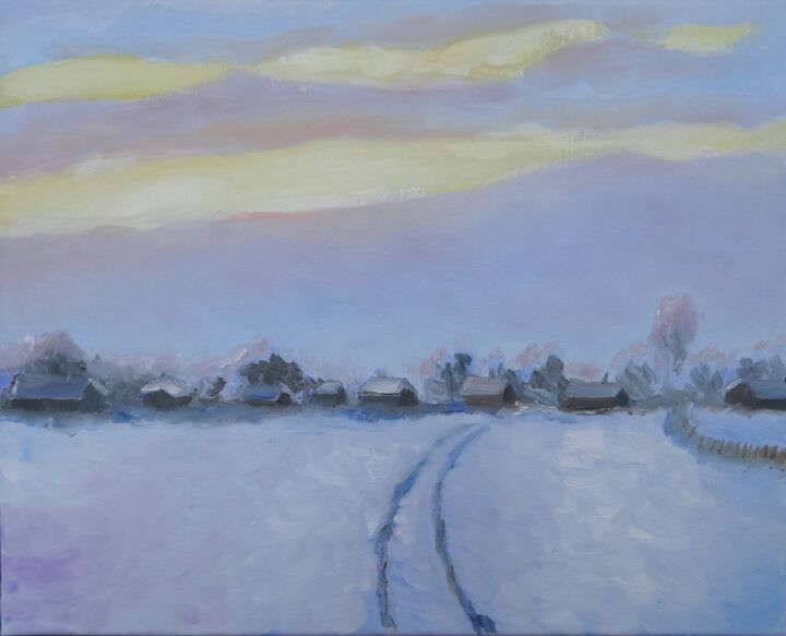 Painting titled "Winter dawn in vill…" by Vladimir Kristinkov, Original Artwork, Oil