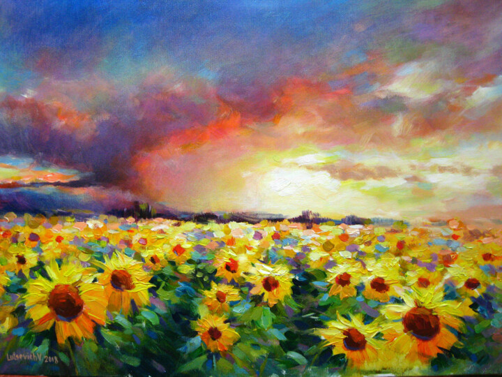 Painting titled "A field of sunflowe…" by Vladimir Lutsevich, Original Artwork, Acrylic