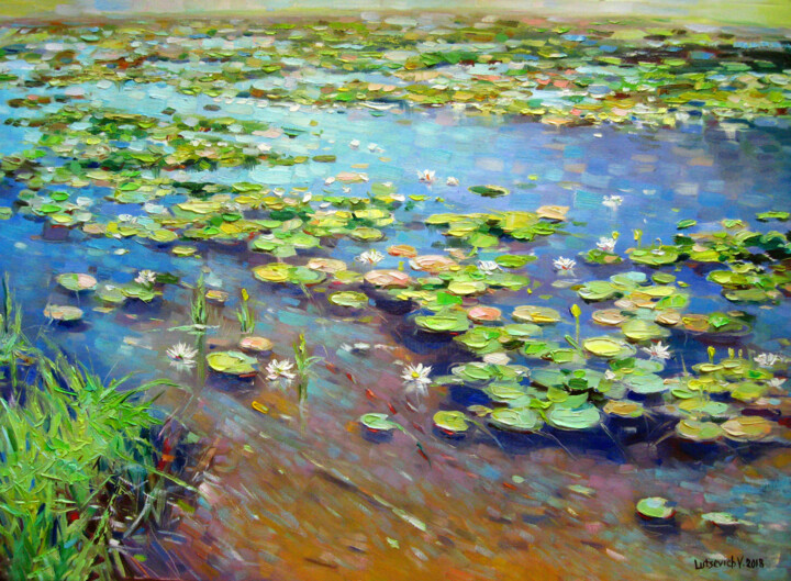Pintura intitulada "Water lilies on the…" por Vladimir Lutsevich, Obras de arte originais, Óleo