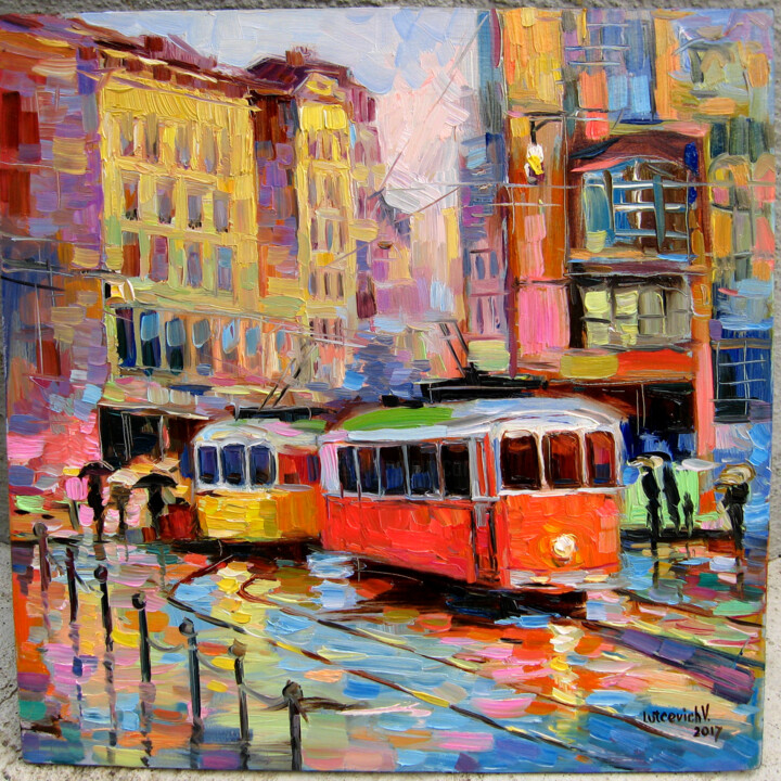Pittura intitolato "Red tram" da Vladimir Lutsevich, Opera d'arte originale, Olio