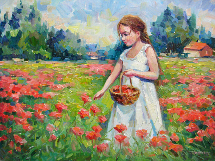 Schilderij getiteld "Girl in a poppy fie…" door Vladimir Lutsevich, Origineel Kunstwerk, Olie